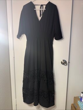 Black Midi Dress with Lace Hem and Smocked Waist